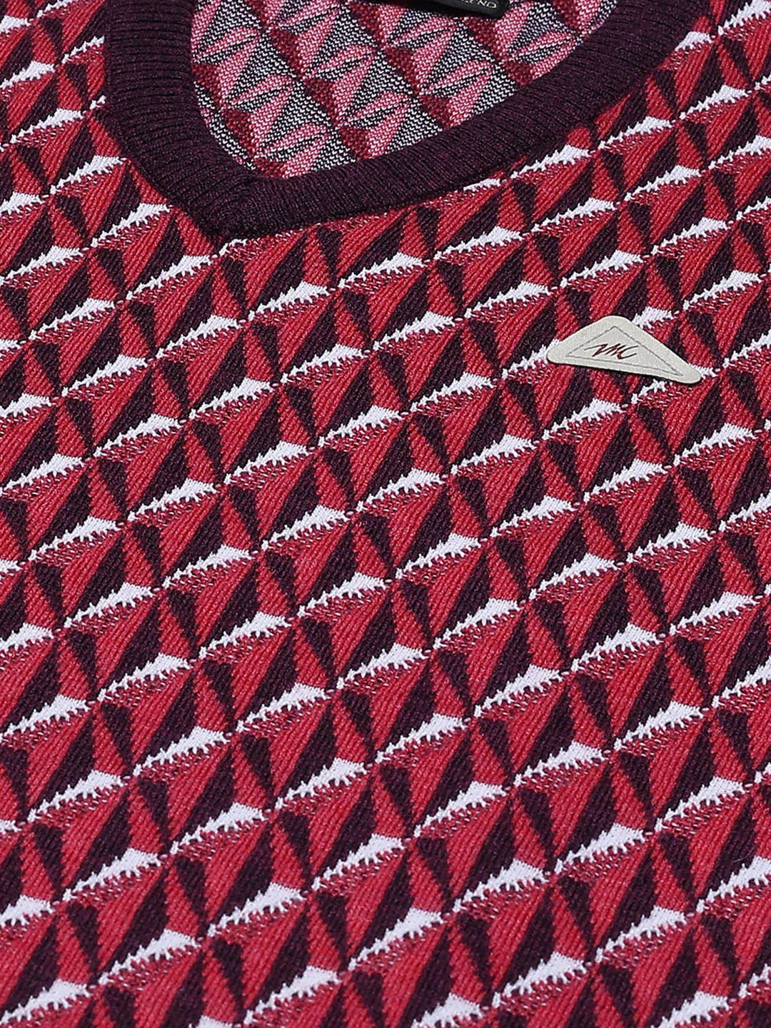 Men Red Self Design V Neck Full Sleeve Pullover - Image 7