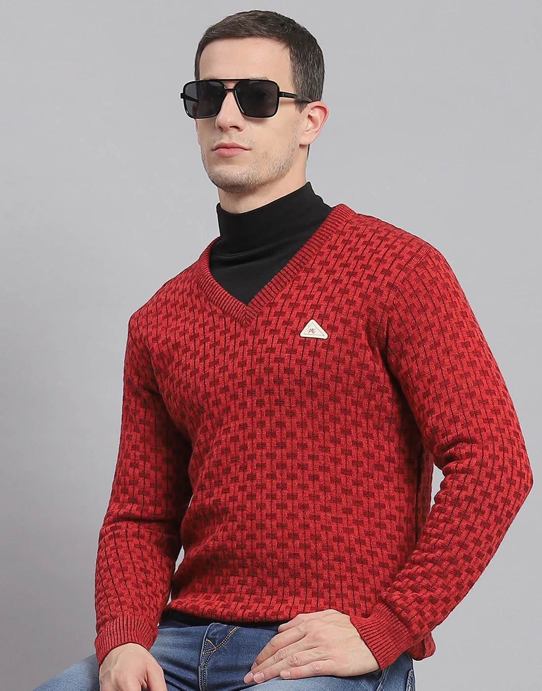 Men Red Self Design V Neck Full Sleeve Sweater - Image 7