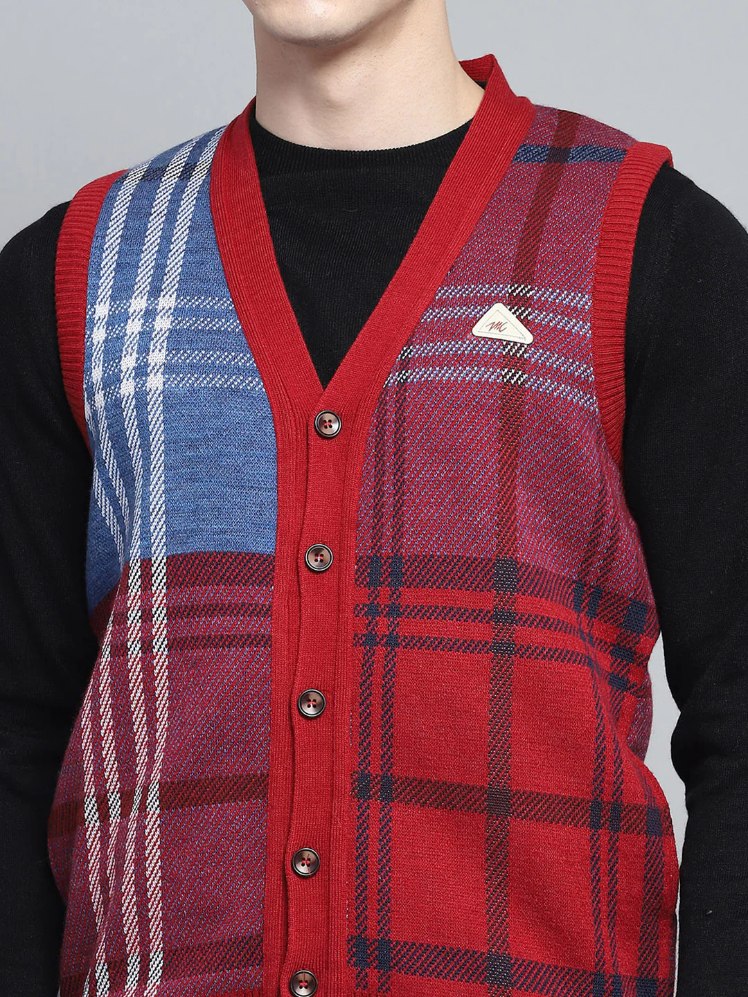 Men Red Self Design V Neck Sleeveless Cardigan - Image 6