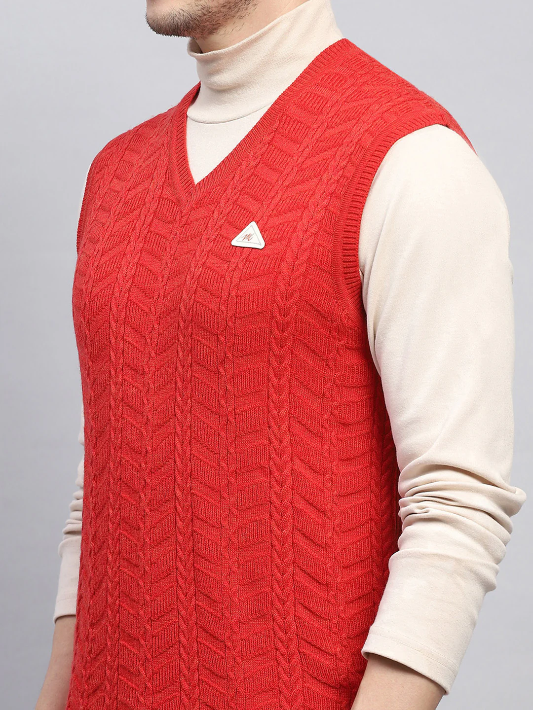 Men Red Self Design V Neck Sleeveless Sweater - Image 6