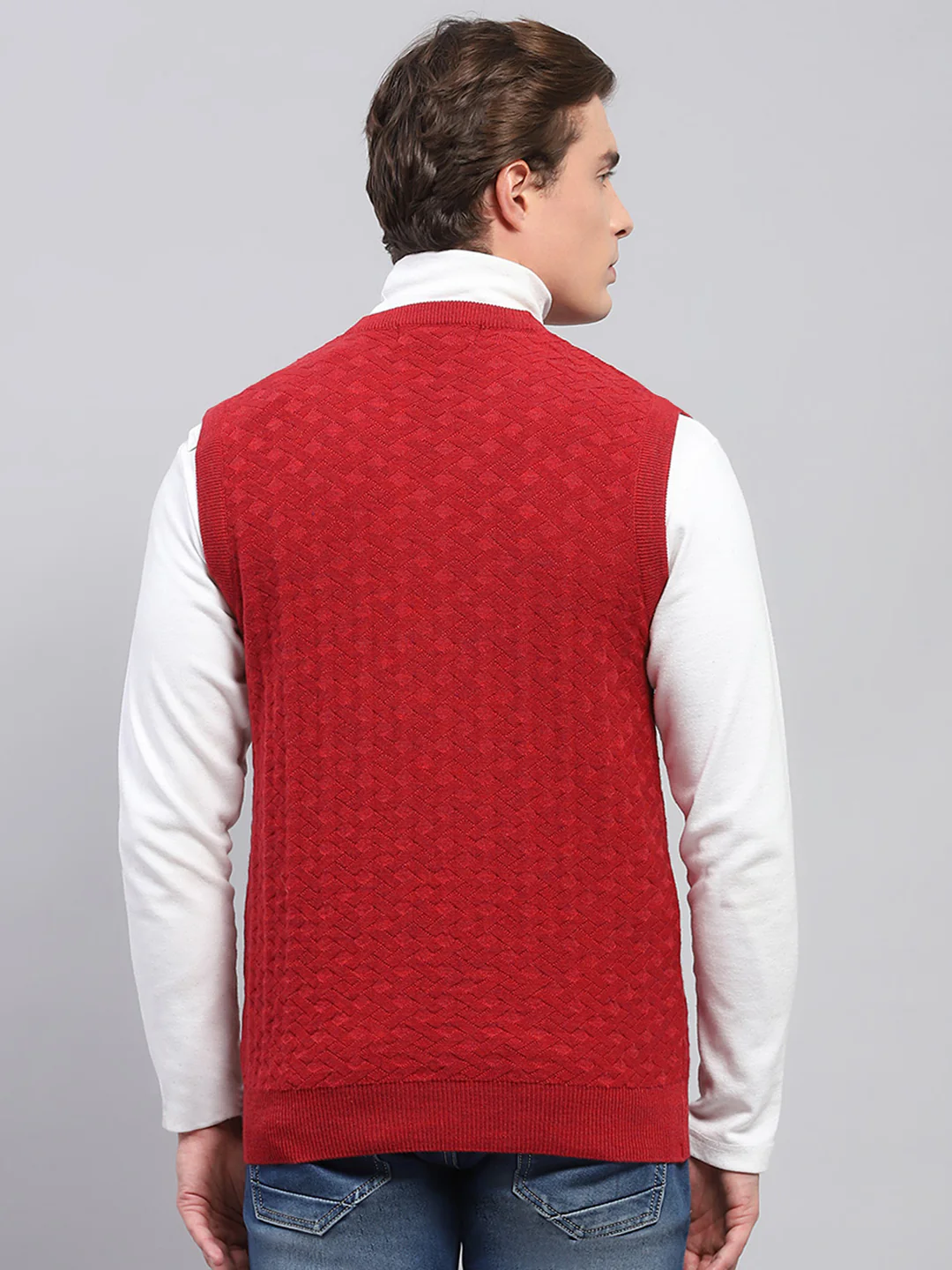 Men Red Self Design V Neck Sleeveless Sweater - Image 5