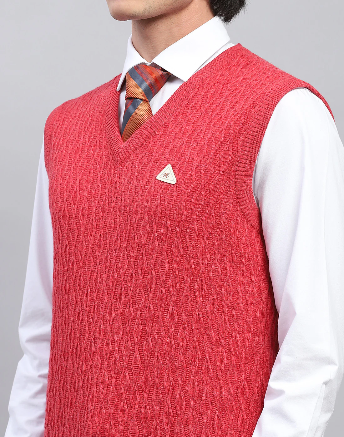 Men Red Self Design V Neck Sleeveless Sweater - Image 6