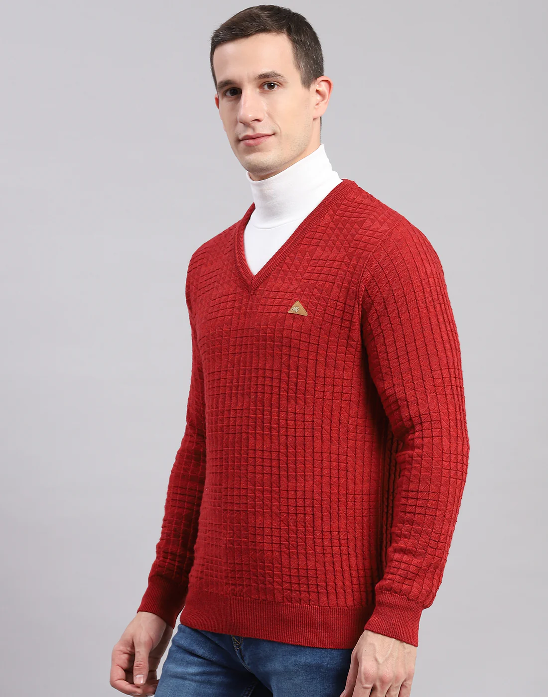 Men Red Self Design V Neck Full Sleeve Sweaters/Pullovers - Image 3