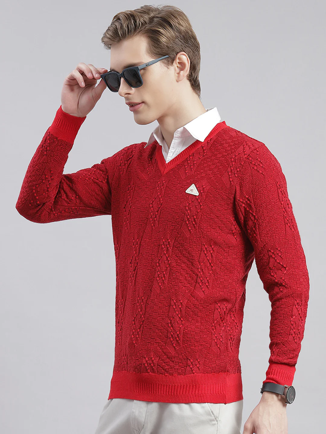 Men Red Self Design V Neck Full Sleeve Sweaters/Pullovers - Image 4