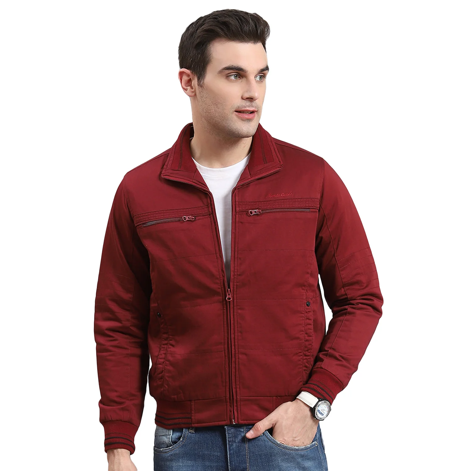 Men Red Solid Collar Full Sleeve Jacket - Image 5