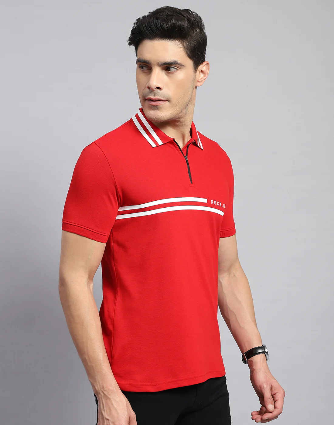 Rock.it Men Red Solid Collar Half Sleeve T-Shirt - Image 4