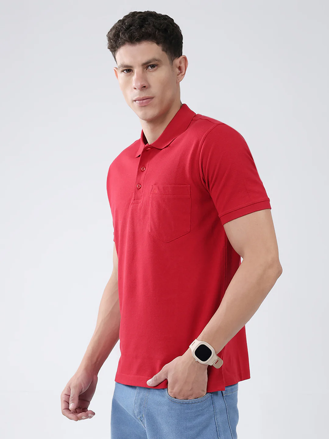 Men Red Solid Collar Half Sleeve T-Shirt - Image 3