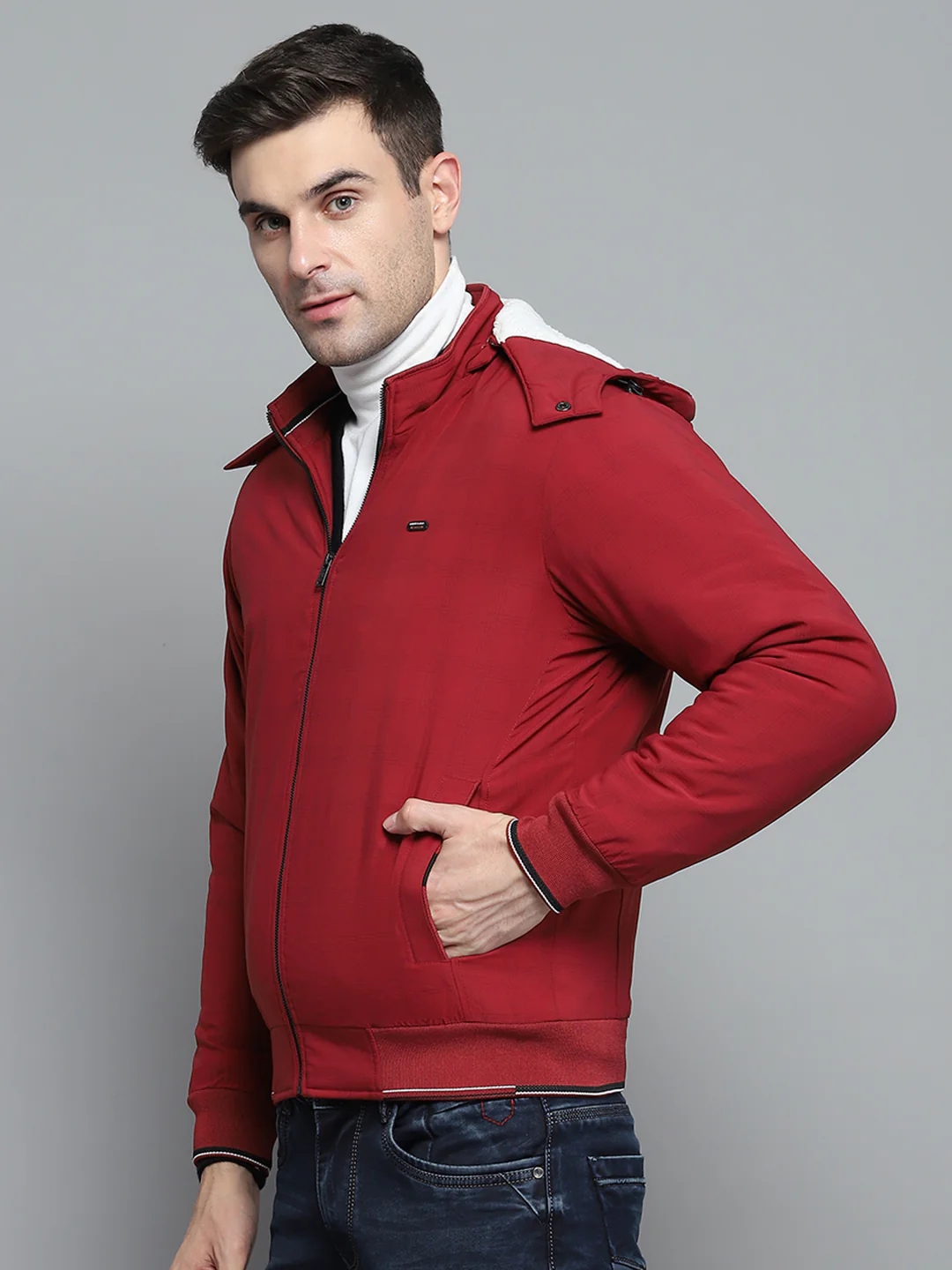 Men Red Solid Detachable Hood Full Sleeve Jacket - Image 3