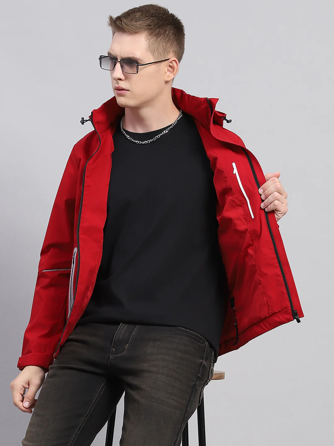 Men Red Solid Detachable Hood Full Sleeve Jacket - Image 6