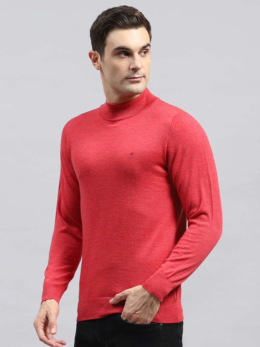 Men Red Solid High Neck Full Sleeve Pullover - Image 3