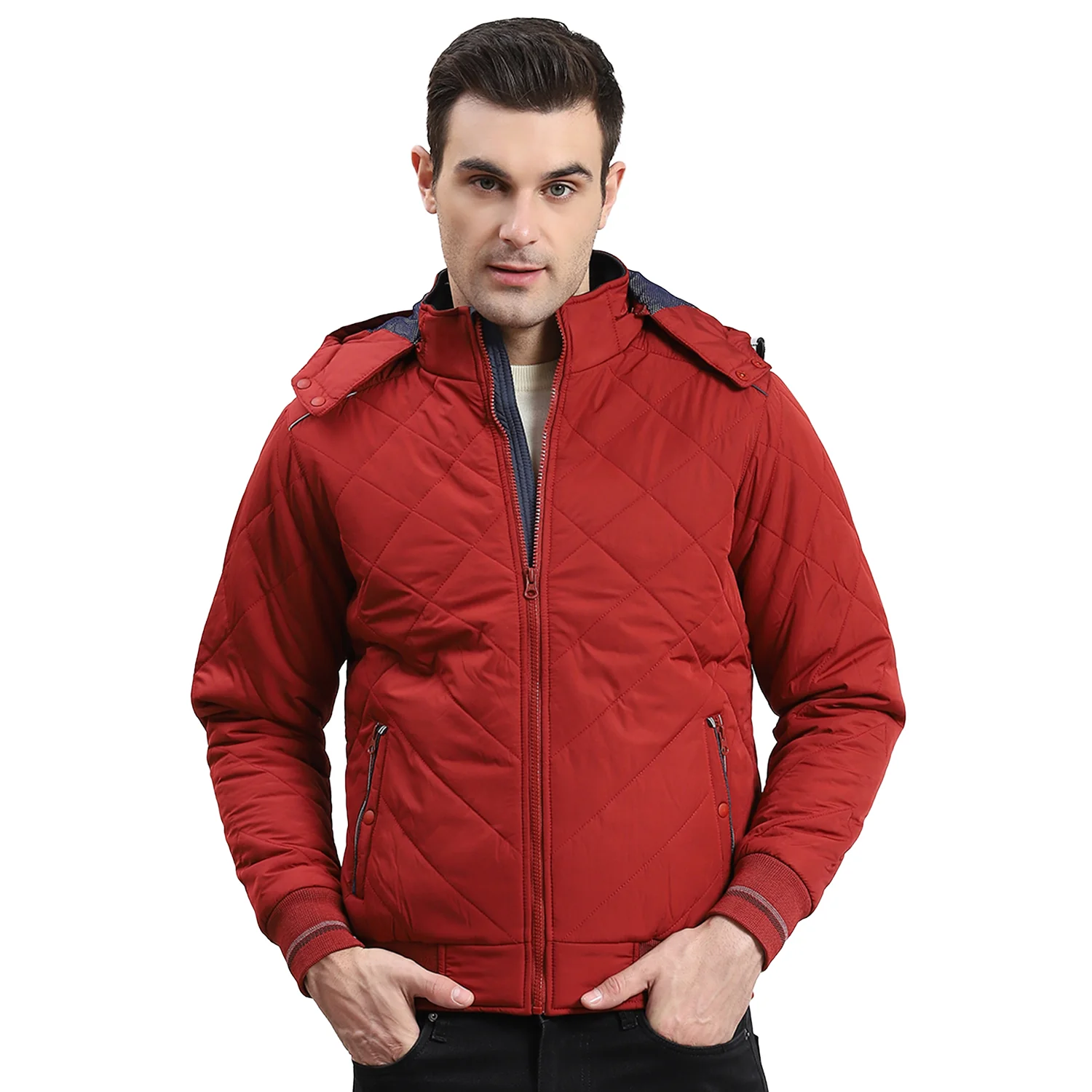 Men Red Solid Hooded Full Sleeve Jacket - Image 5