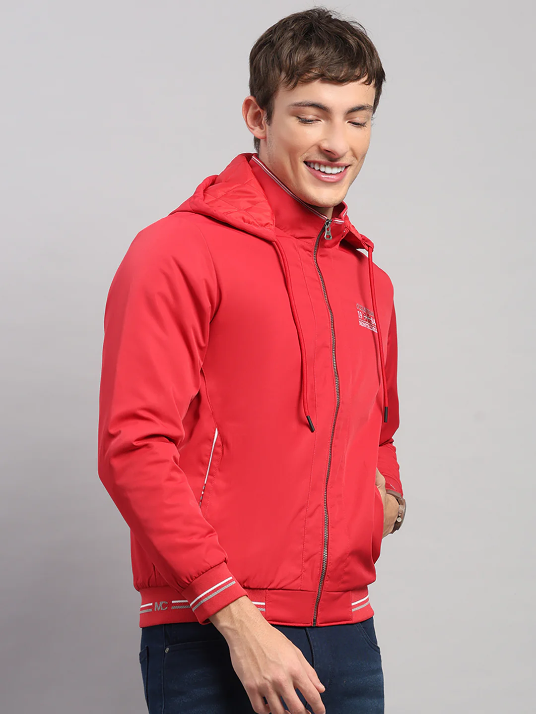 Men Red Solid Hooded Full Sleeve Jacket - Image 4