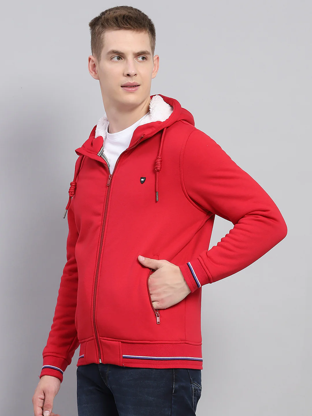 Men Red Solid Hooded Full Sleeve Sweatshirt - Image 3