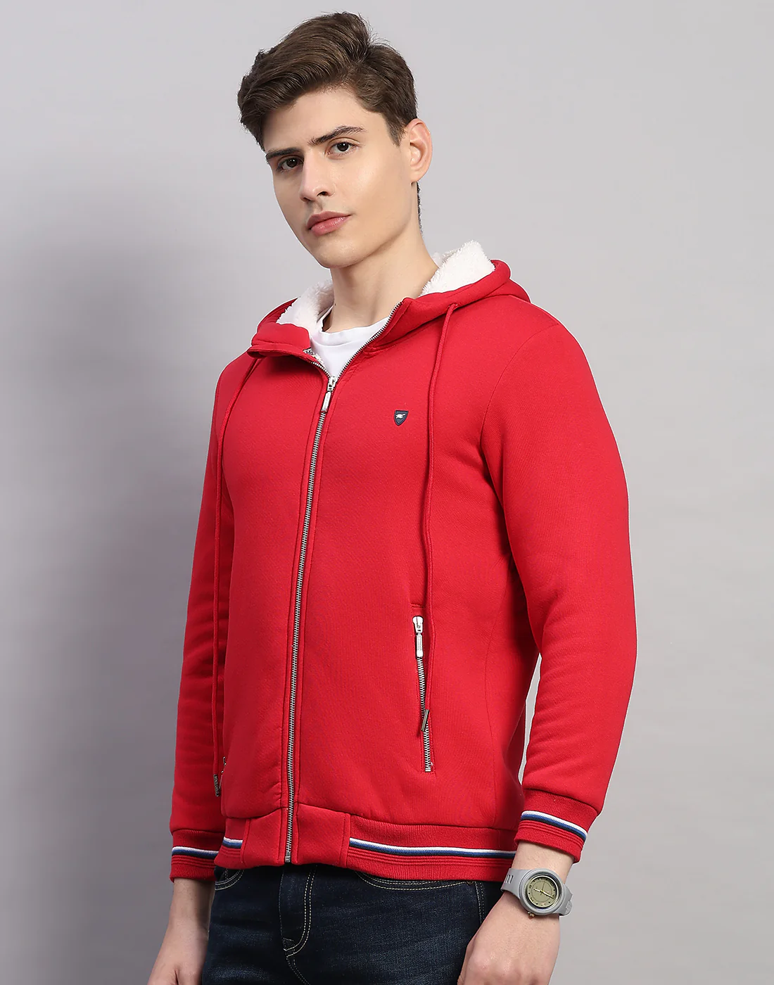 Men Red Solid Hooded Full Sleeve Sweatshirt - Image 2