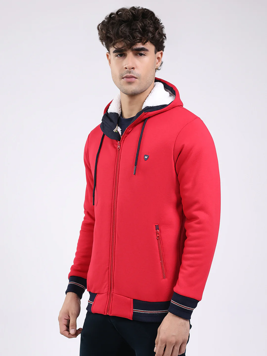 Men Red Solid Hooded Full Sleeve Sweatshirt - Image 3