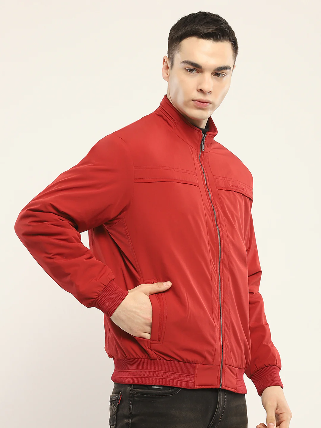 Men Red Solid Mock Neck Full Sleeve Jacket - Image 4
