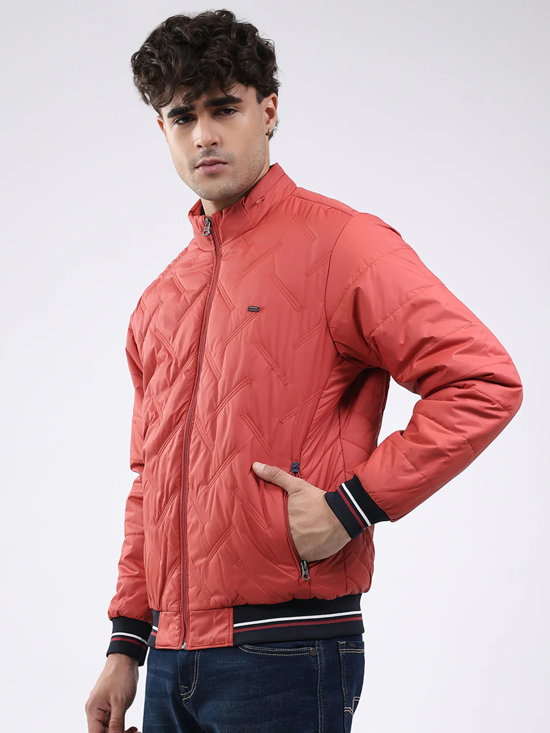 Men Red Solid Mock Neck Full Sleeve Jacket - Image 3