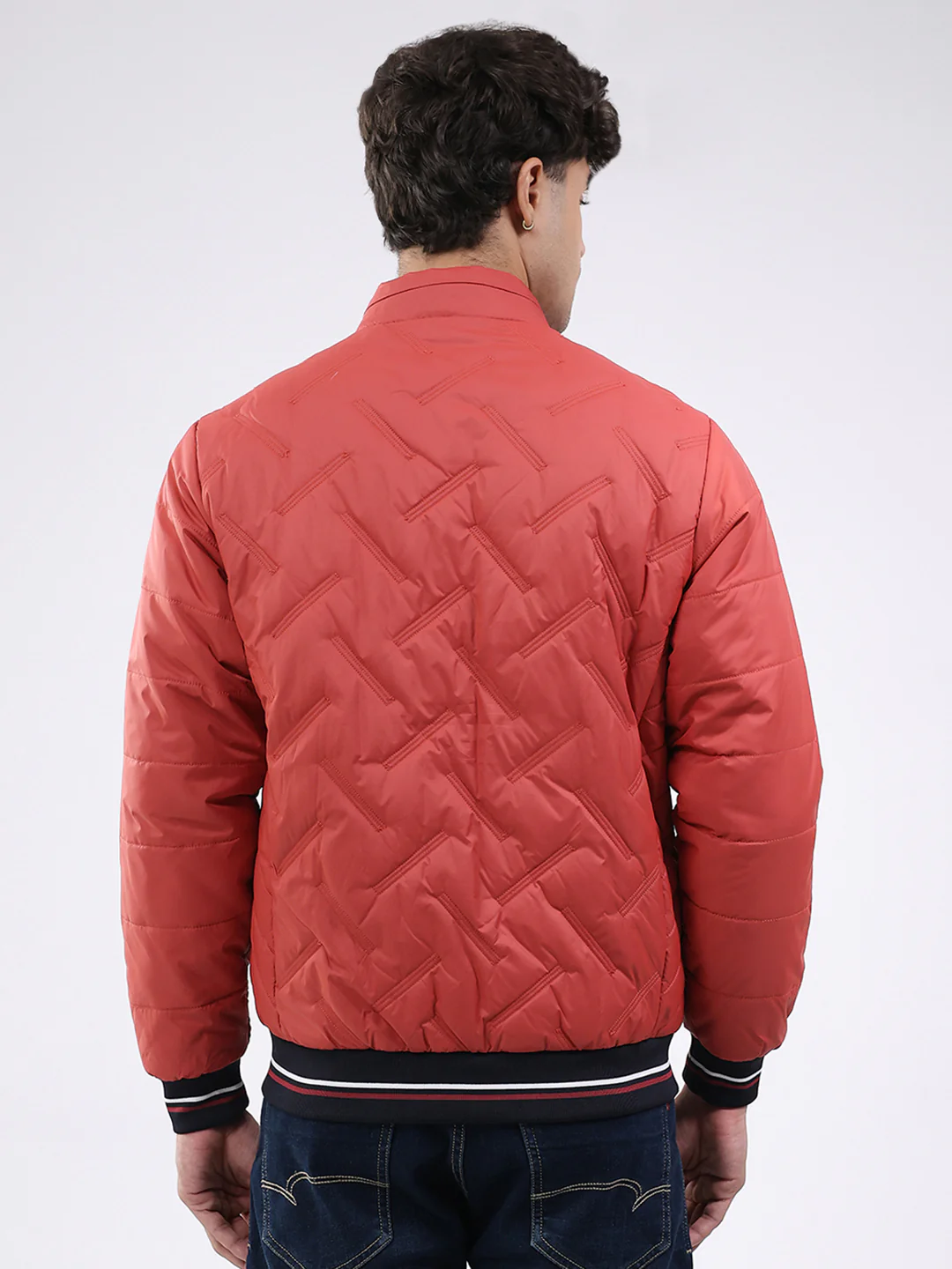 Men Red Solid Mock Neck Full Sleeve Jacket - Image 5