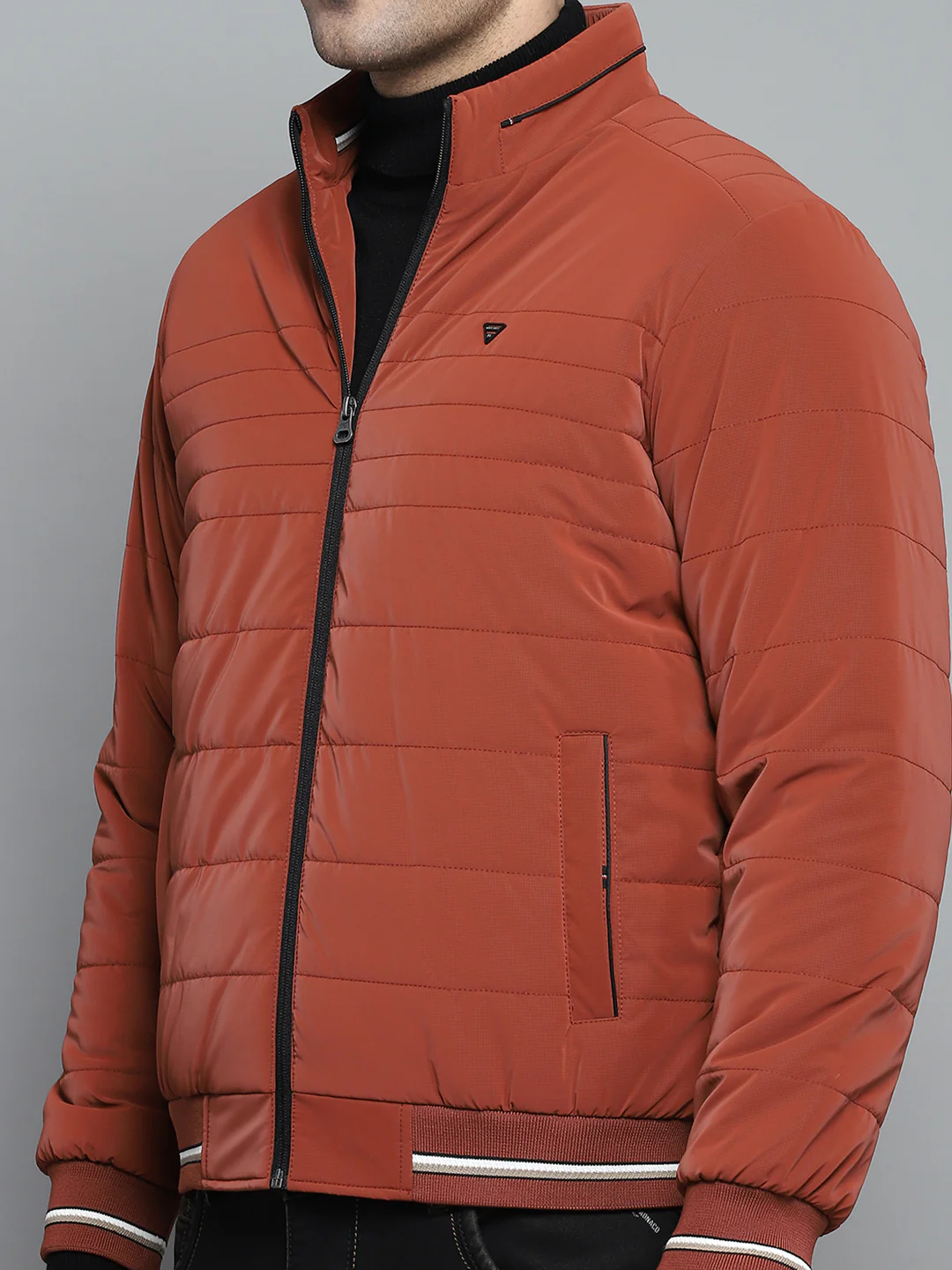 Men Red Solid Mock Neck Full Sleeve Jacket - Image 6