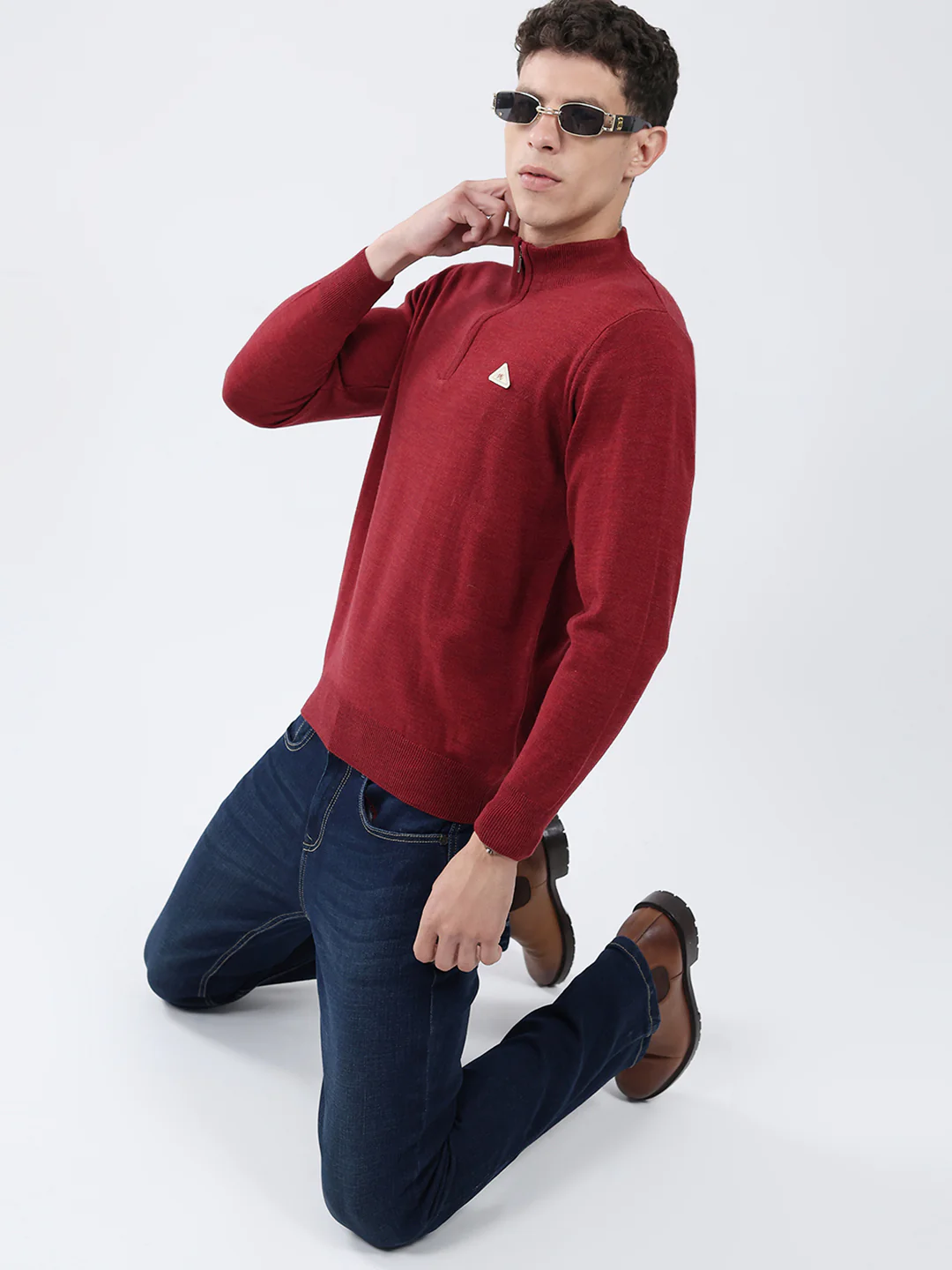 Men Red Solid Mock Neck Full Sleeve Pullover - Image 2