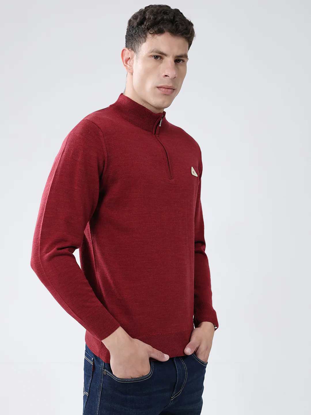 Men Red Solid Mock Neck Full Sleeve Pullover - Image 4