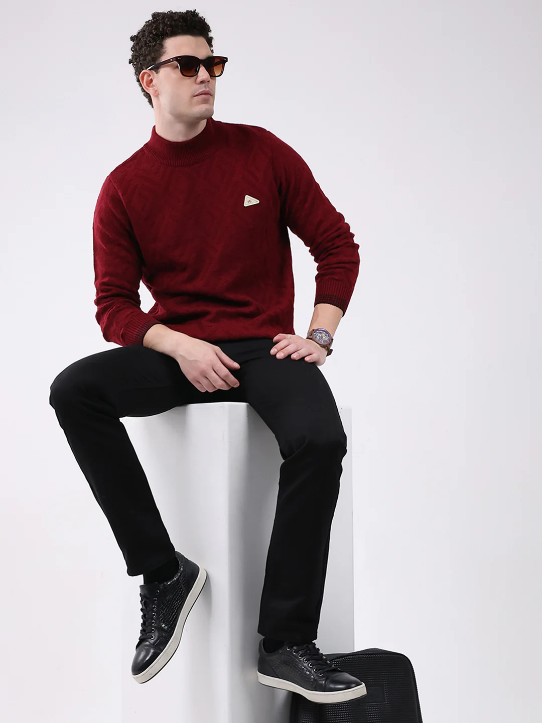 Men Red Solid Mock Neck Full Sleeve Pullover - Image 2