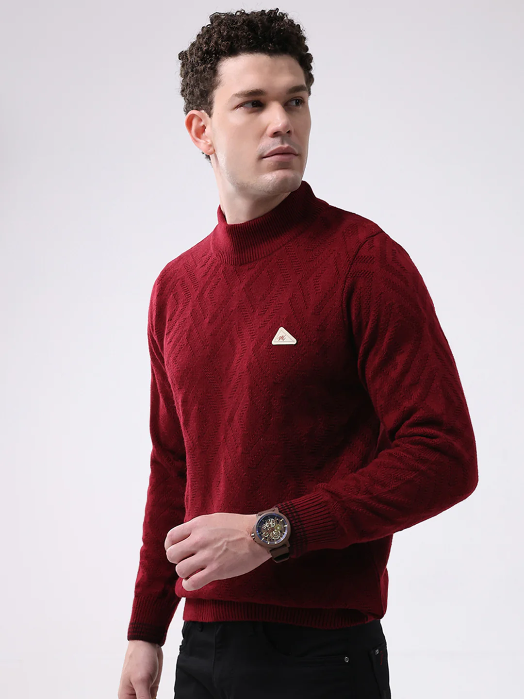 Men Red Solid Mock Neck Full Sleeve Pullover - Image 3