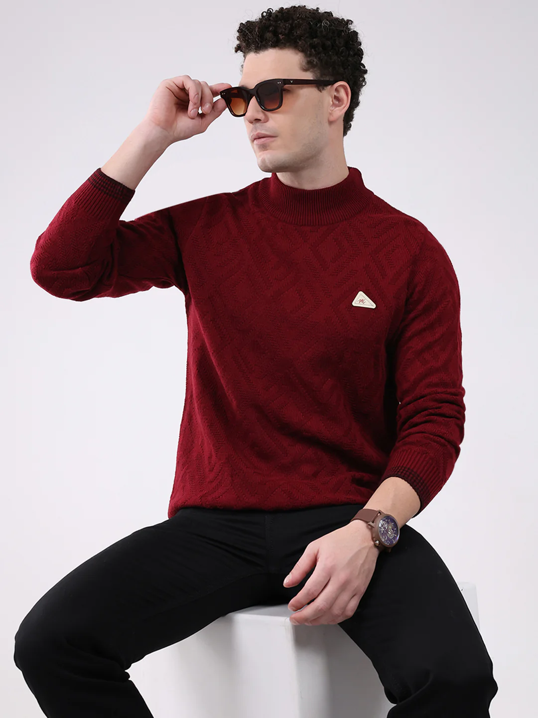Men Red Solid Mock Neck Full Sleeve Pullover - Image 6
