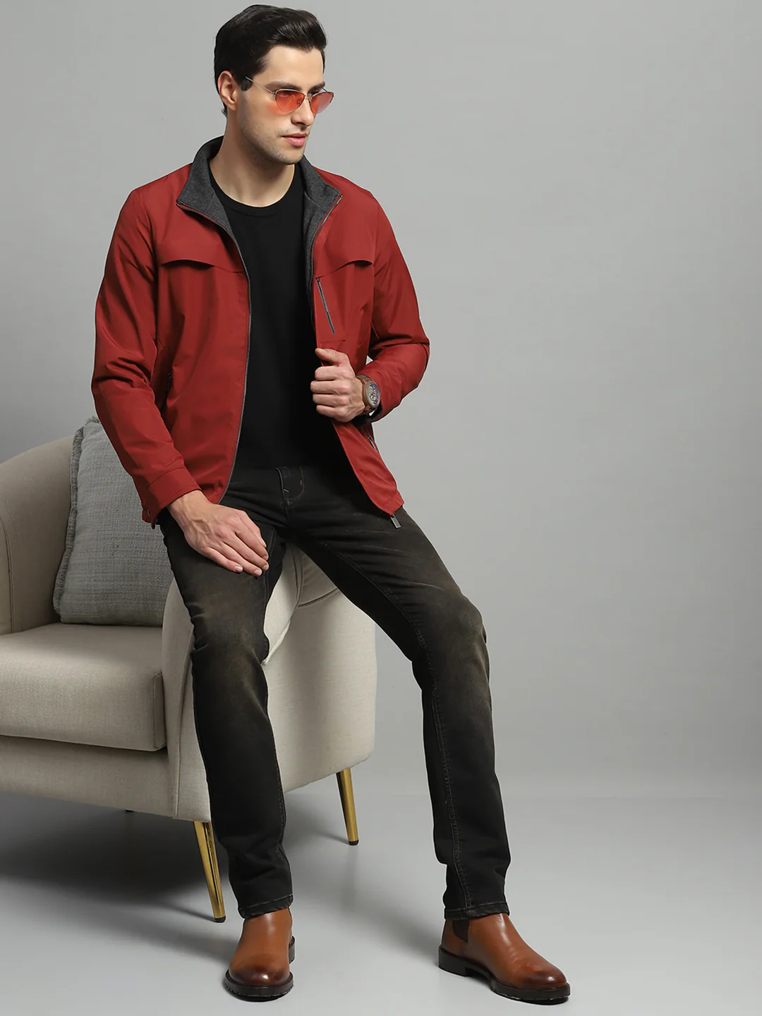 Luxuria Men Red Solid Mock Neck Full Sleeve Reversible Jacket - Image 2