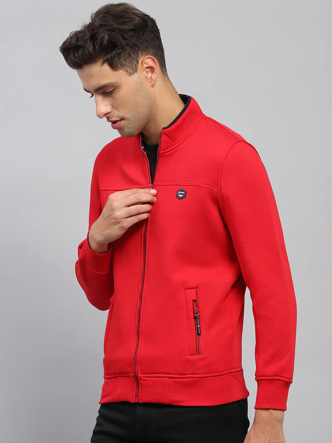 Men Red Solid Mock Neck Full Sleeve Sweatshirt - Image 3