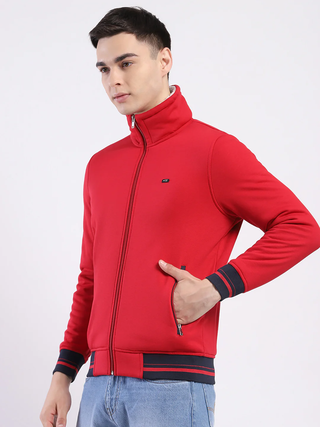 Men Red Solid Mock Neck Full Sleeve Sweatshirt - Image 3
