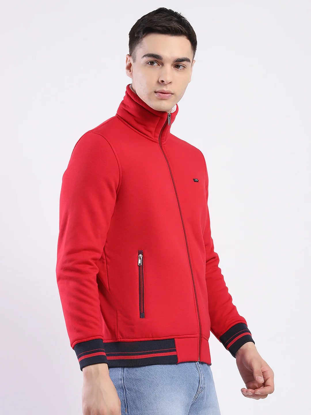 Men Red Solid Mock Neck Full Sleeve Sweatshirt - Image 4