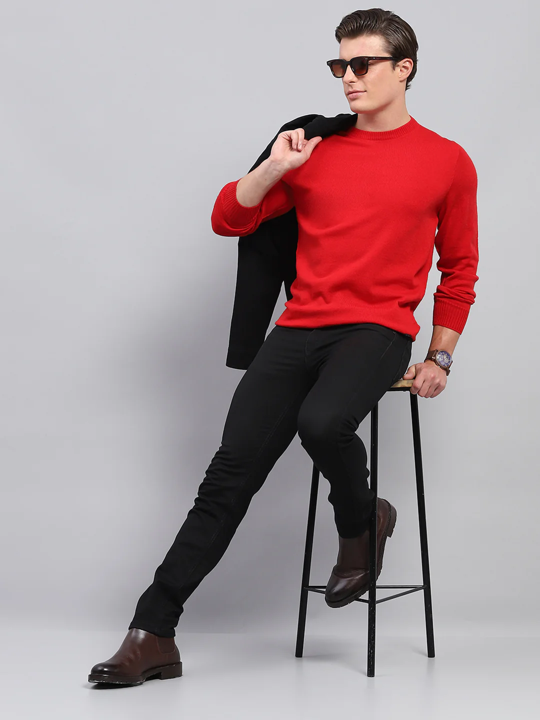 Men Red Solid Round Neck Full Sleeve Pullover - Image 2
