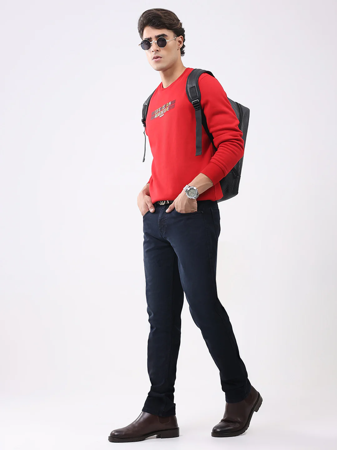 Men Red Solid Round Neck Full Sleeve Sweatshirt - Image 2
