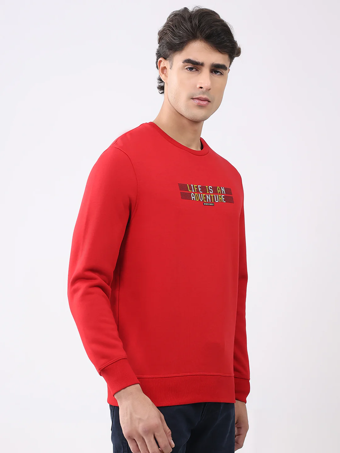 Men Red Solid Round Neck Full Sleeve Sweatshirt - Image 4