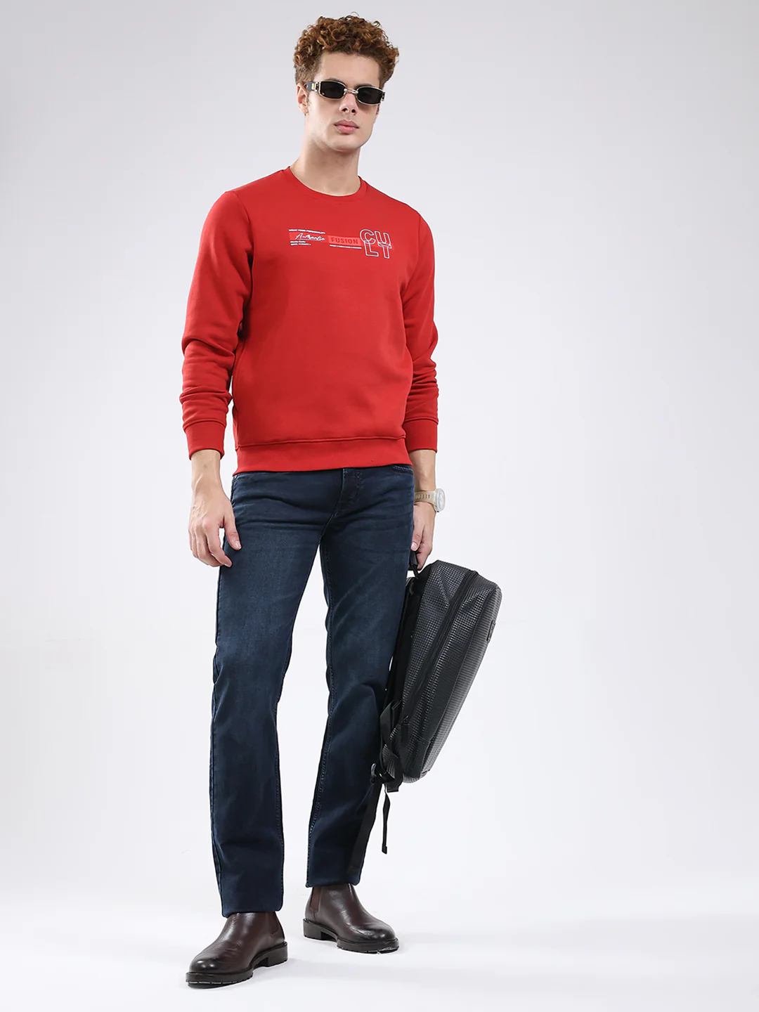 Men Red Solid Round Neck Full Sleeve Sweatshirt - Image 2