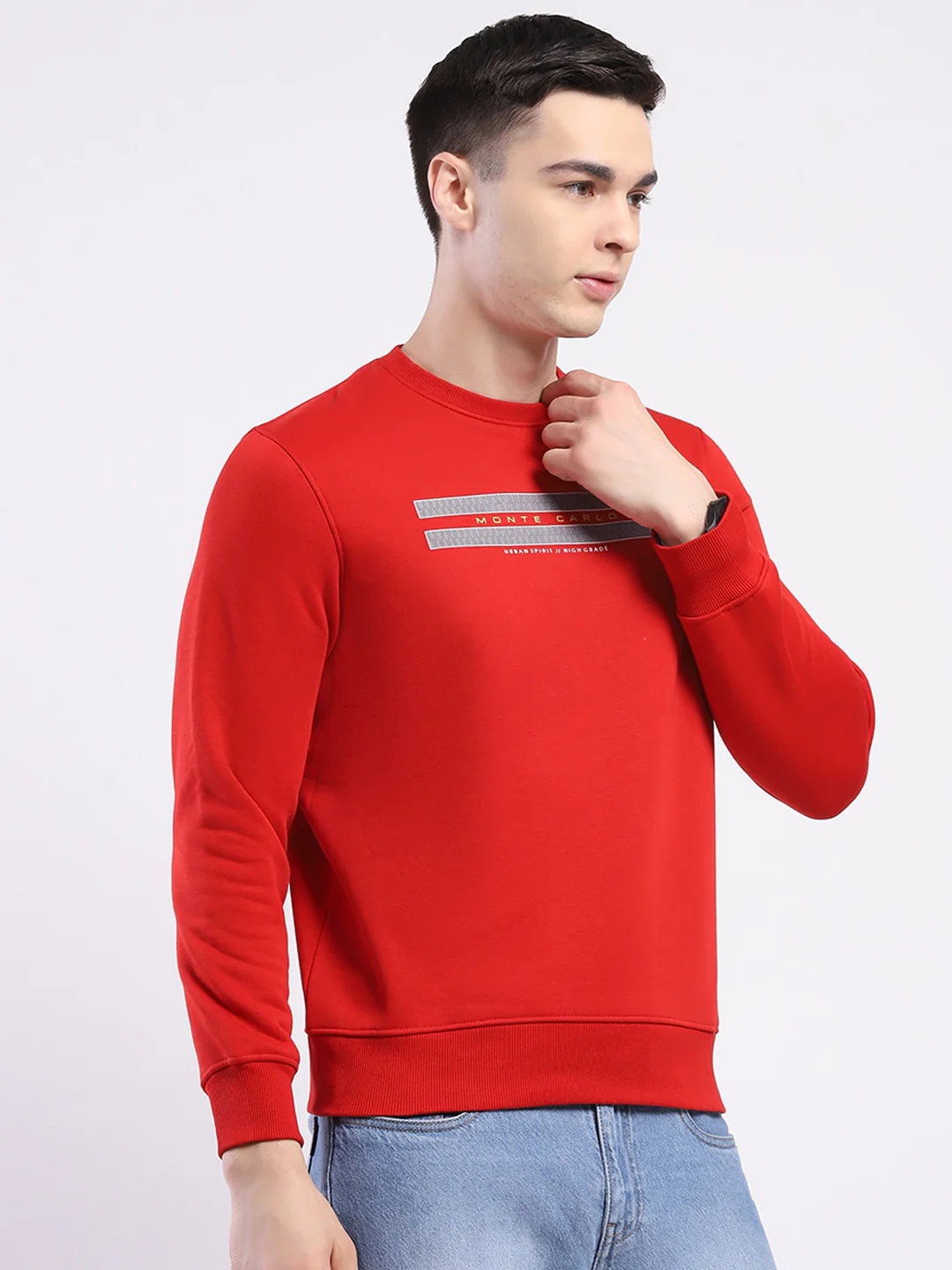 Men Red Solid Round Neck Full Sleeve Sweatshirt - Image 4