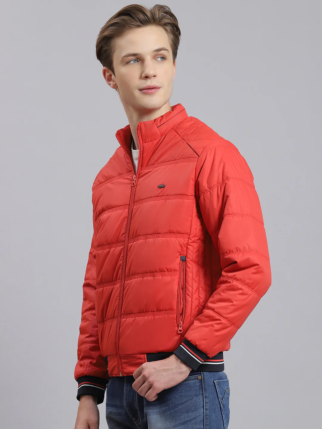 Men Red Solid Stand Collar Full Sleeve Jacket - Image 3