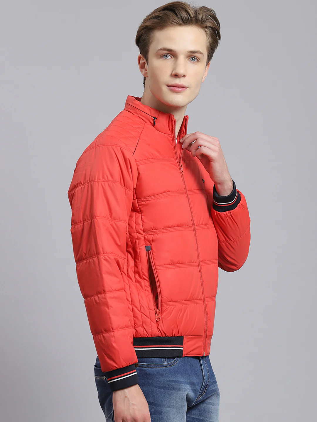 Men Red Solid Stand Collar Full Sleeve Jacket - Image 4