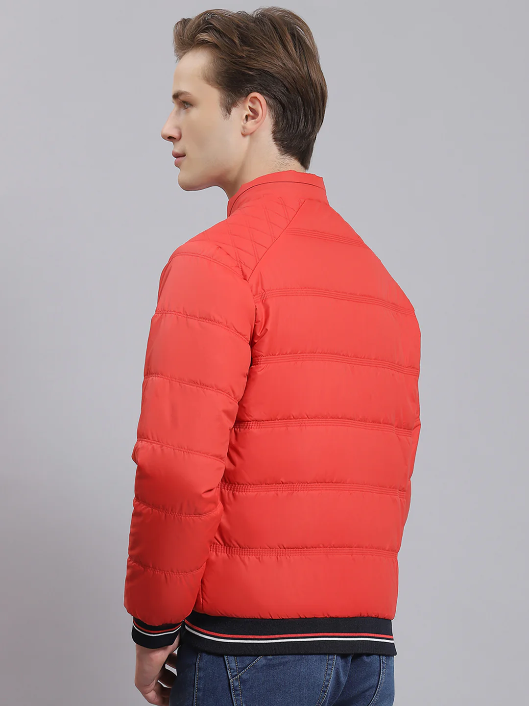 Men Red Solid Stand Collar Full Sleeve Jacket - Image 5