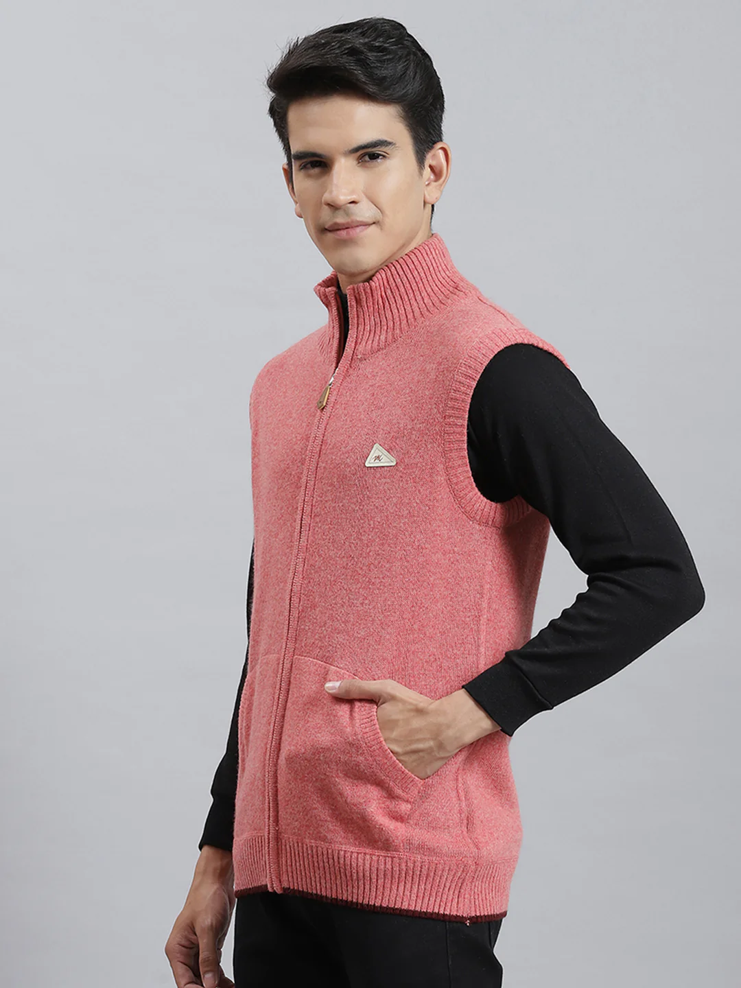 Men Red Solid Stand Collar Sleeveless Sweaters/Pullovers - Image 3