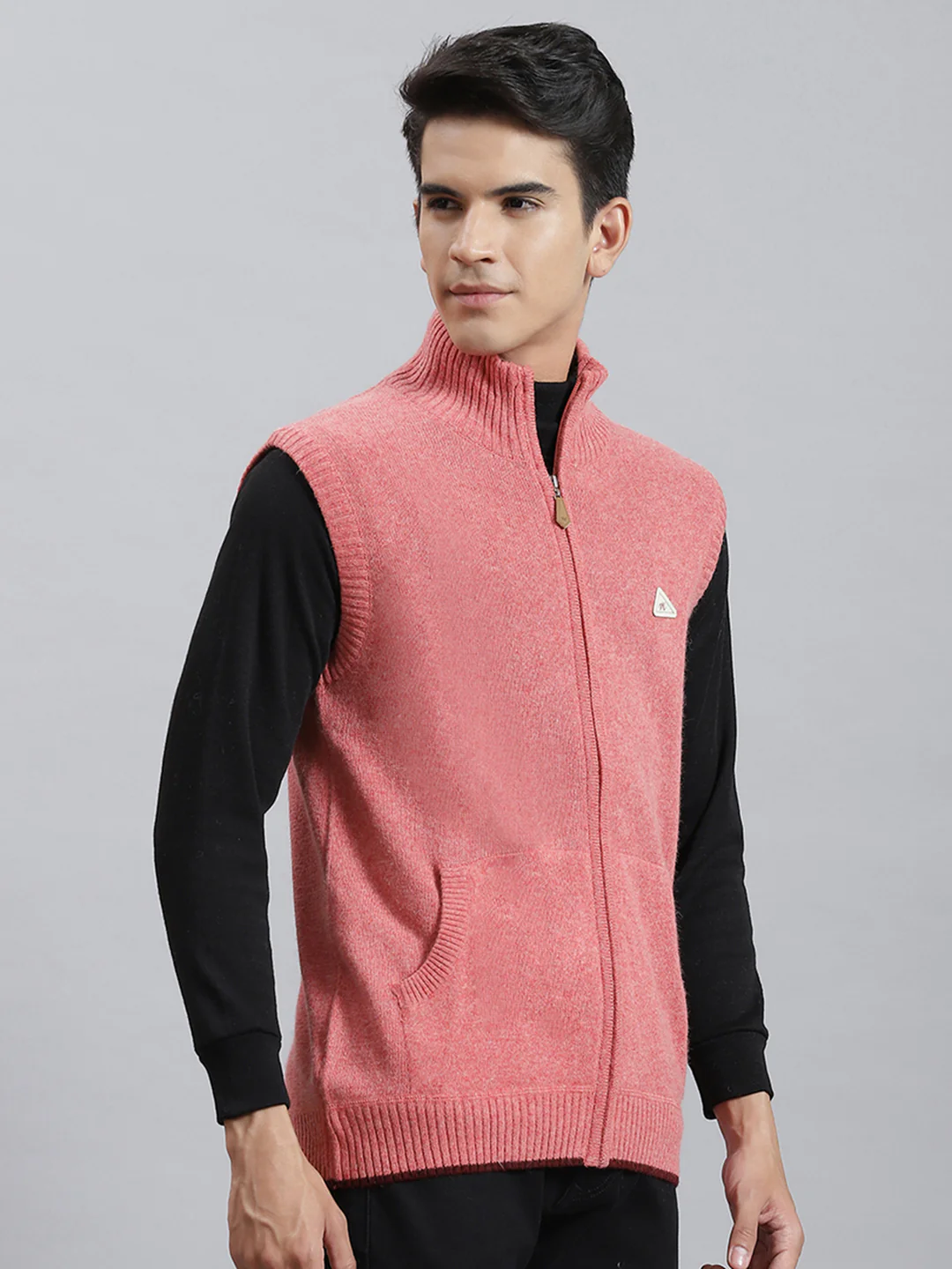 Men Red Solid Stand Collar Sleeveless Sweaters/Pullovers - Image 4