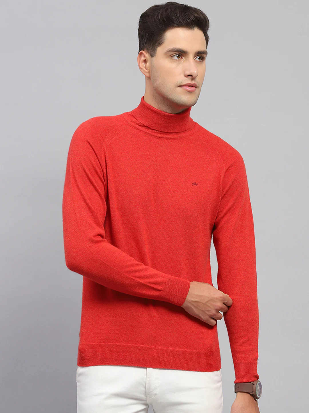 Men Red Solid Turtle Neck Full Sleeve Pullover - Image 2