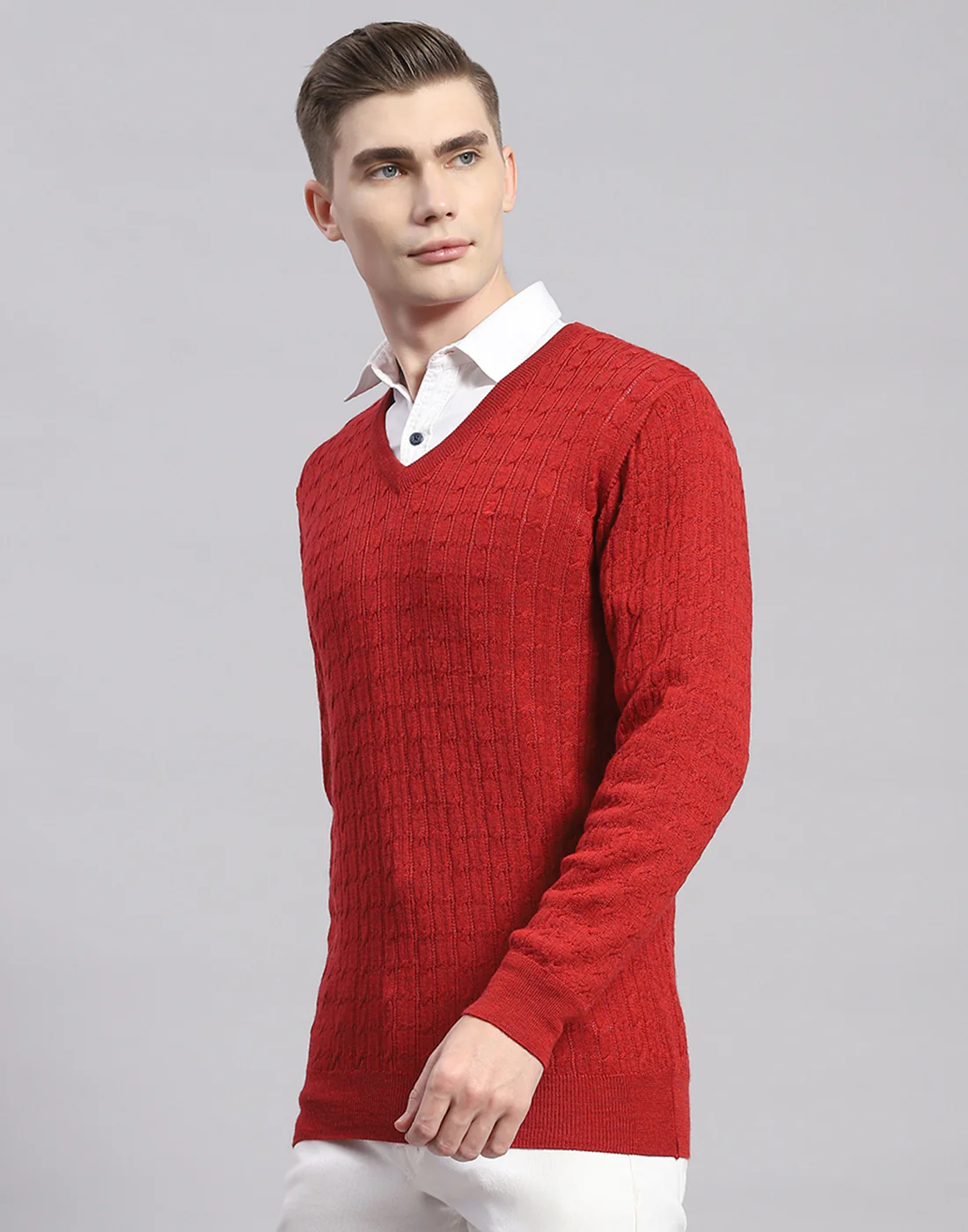 Men Red Solid V Neck Full Sleeve Pullover - Image 3