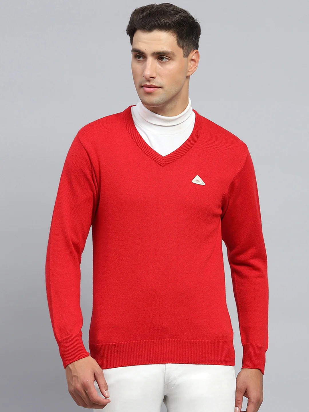 Men Red Solid V Neck Full Sleeve Pullover - Image 2