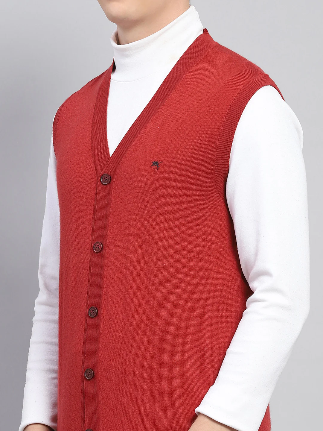 Men Red Solid V Neck Sleeveless Cardigan - Image 6