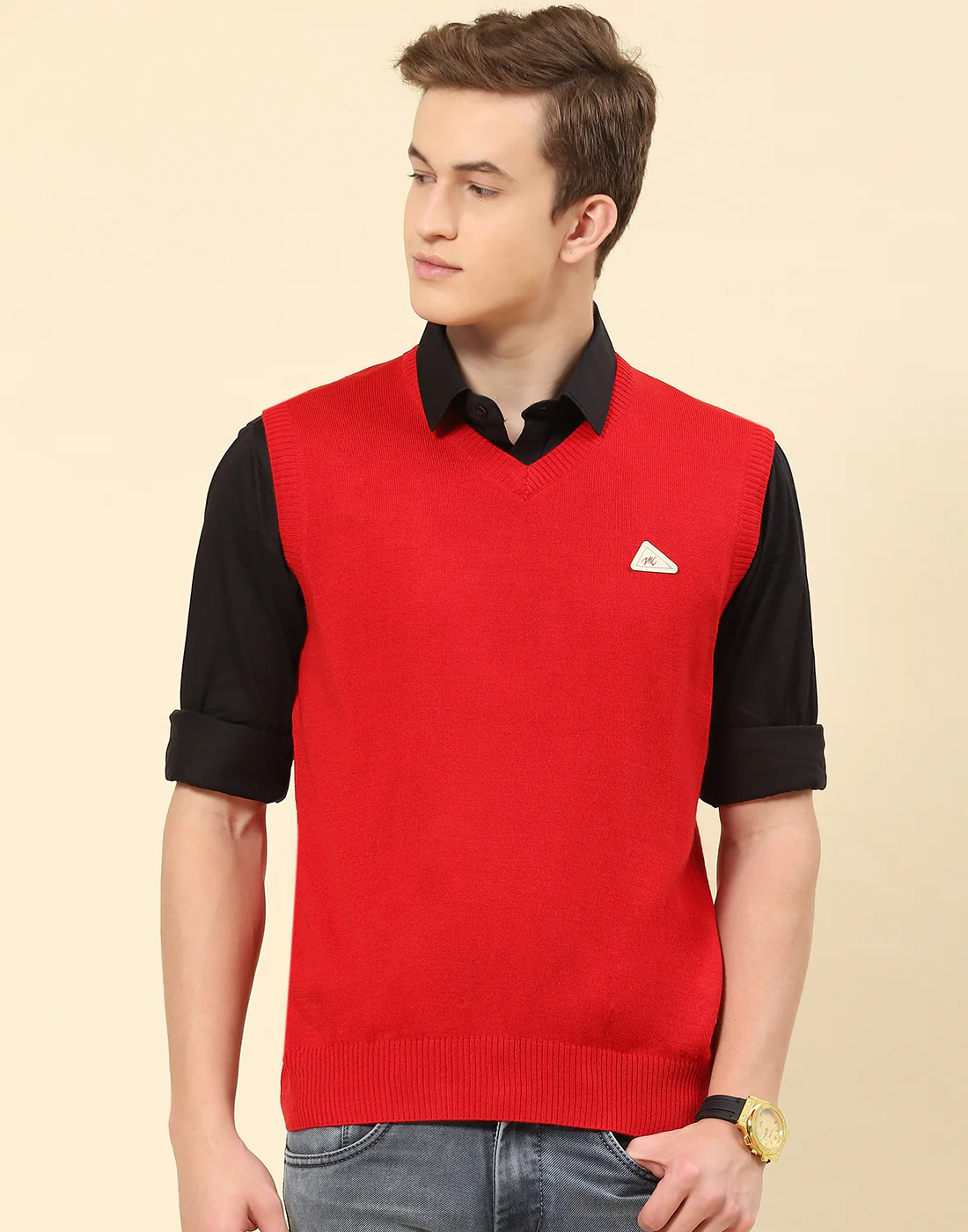 Men Red Solid V Neck Sleeveless Sweater - Image 3