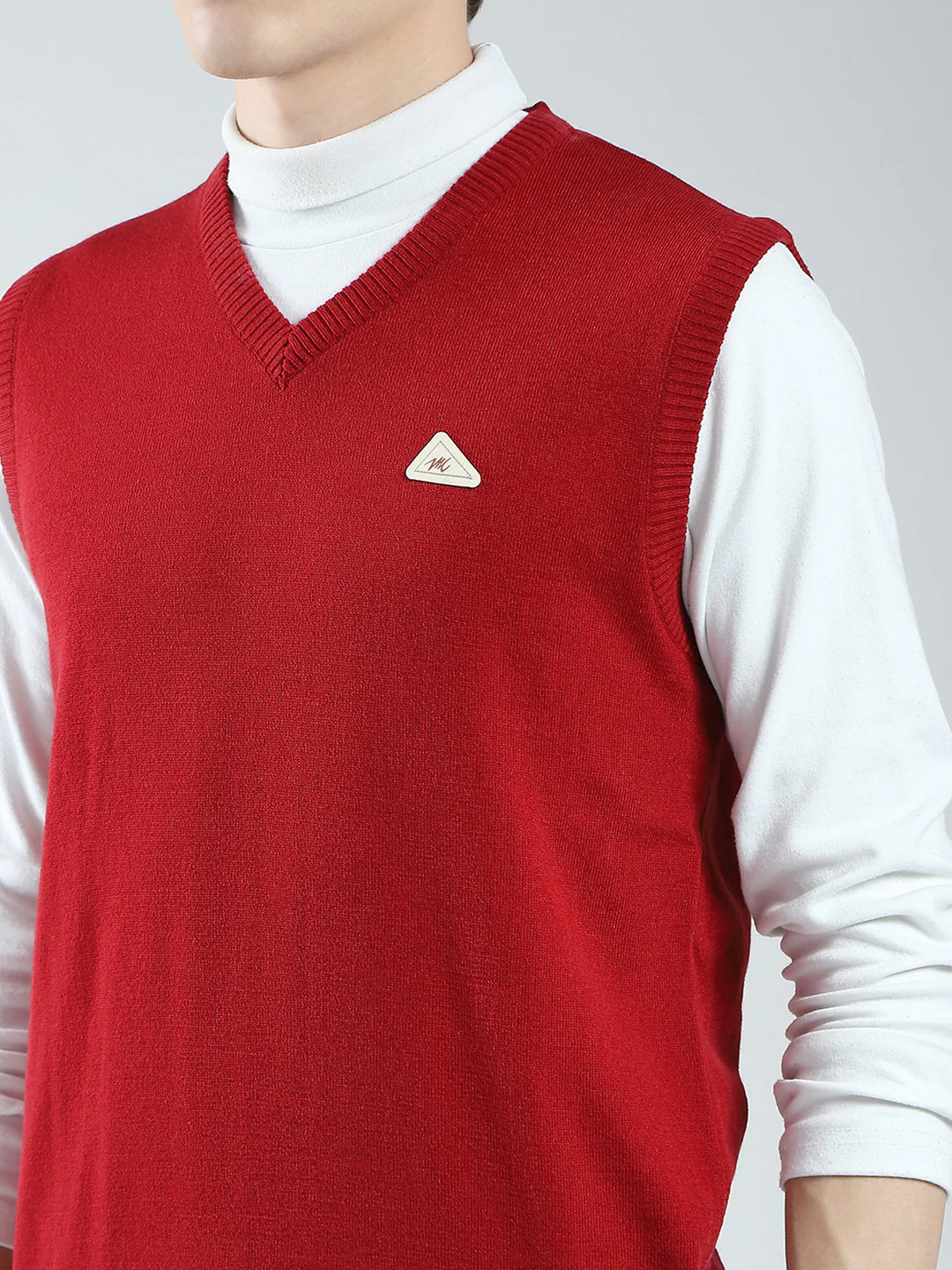 Men Red Solid V Neck Sleeveless Sweater - Image 6