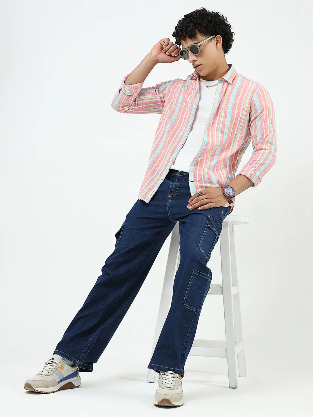 Men Red Stripe Collar Full Sleeve Linen Shirt - Image 2