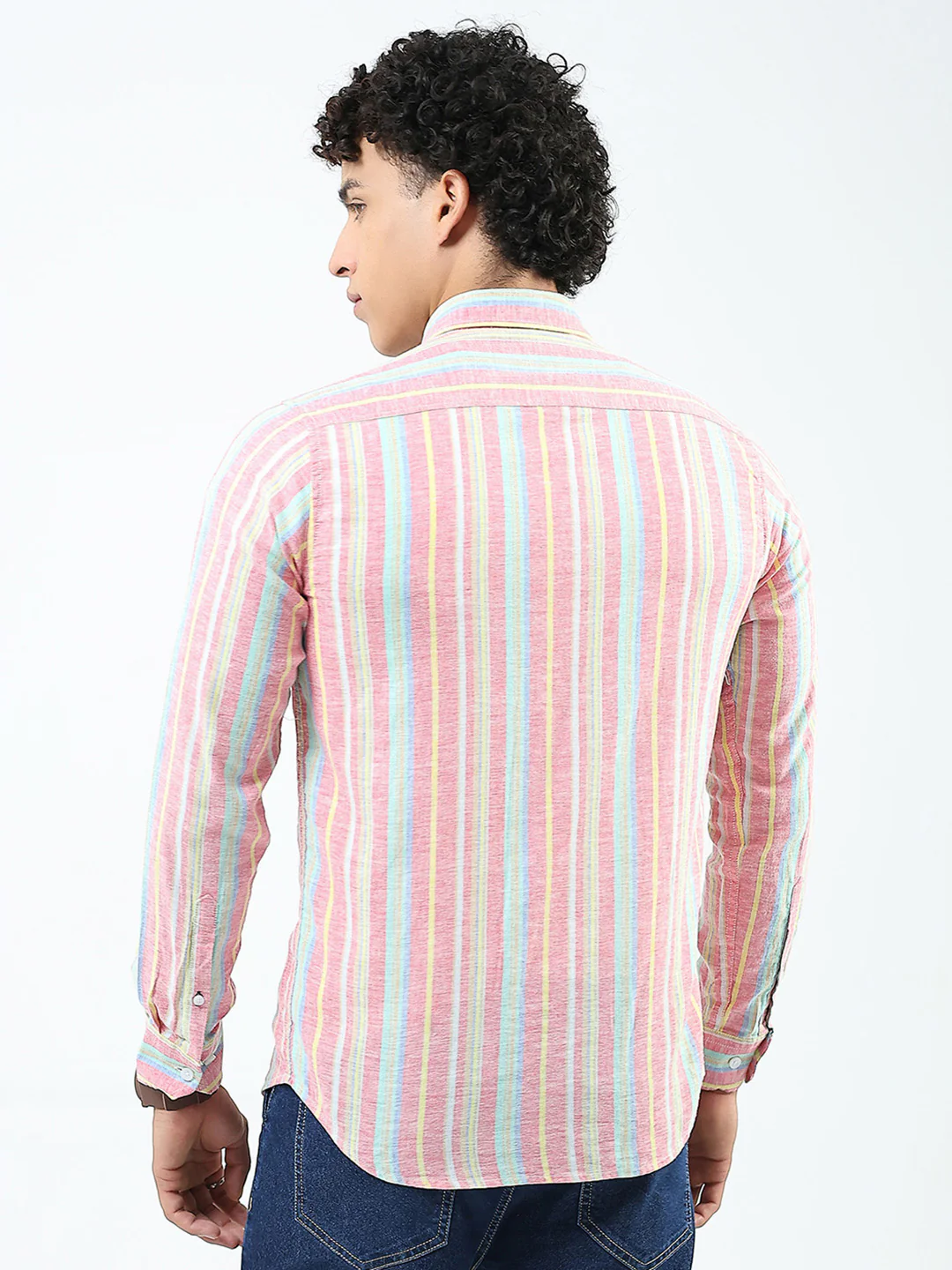 Men Red Stripe Collar Full Sleeve Linen Shirt - Image 5